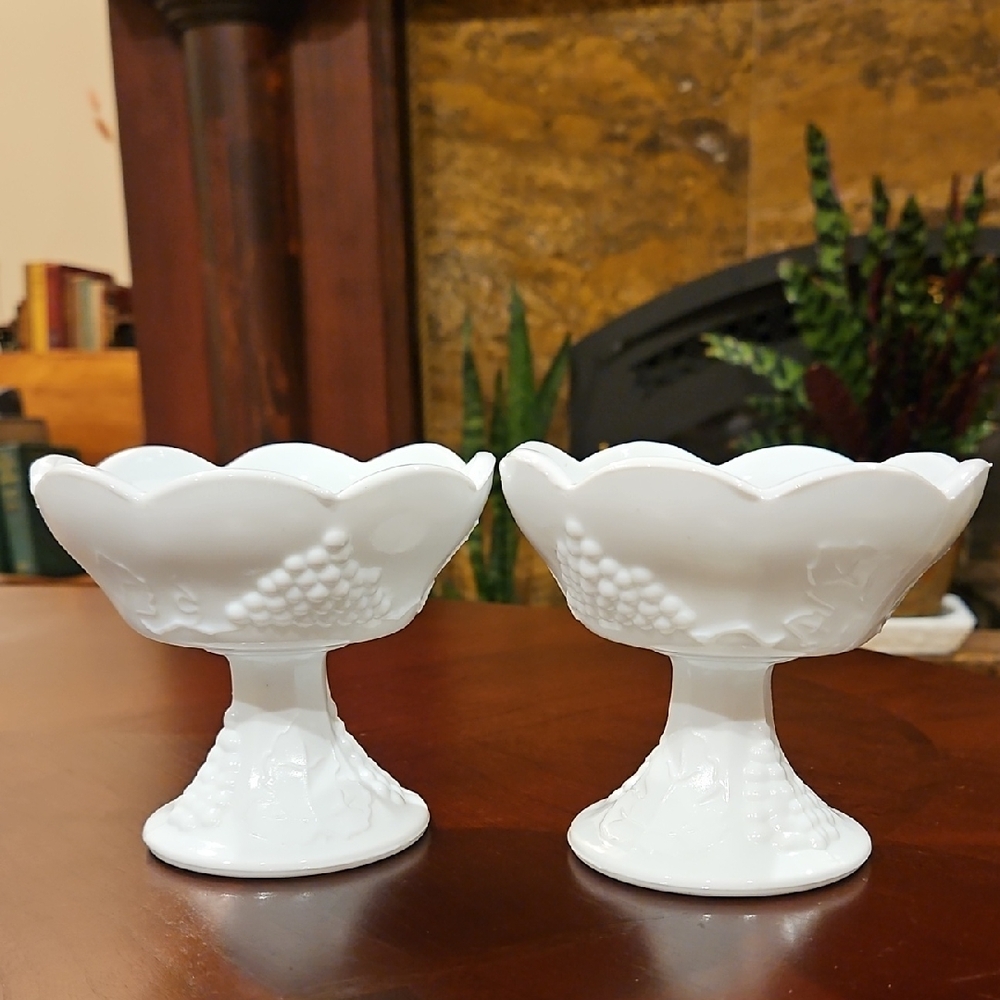 Indiana Glass White Milk Glass Harvest Grape Pedestal Candle Holders - Set of 2